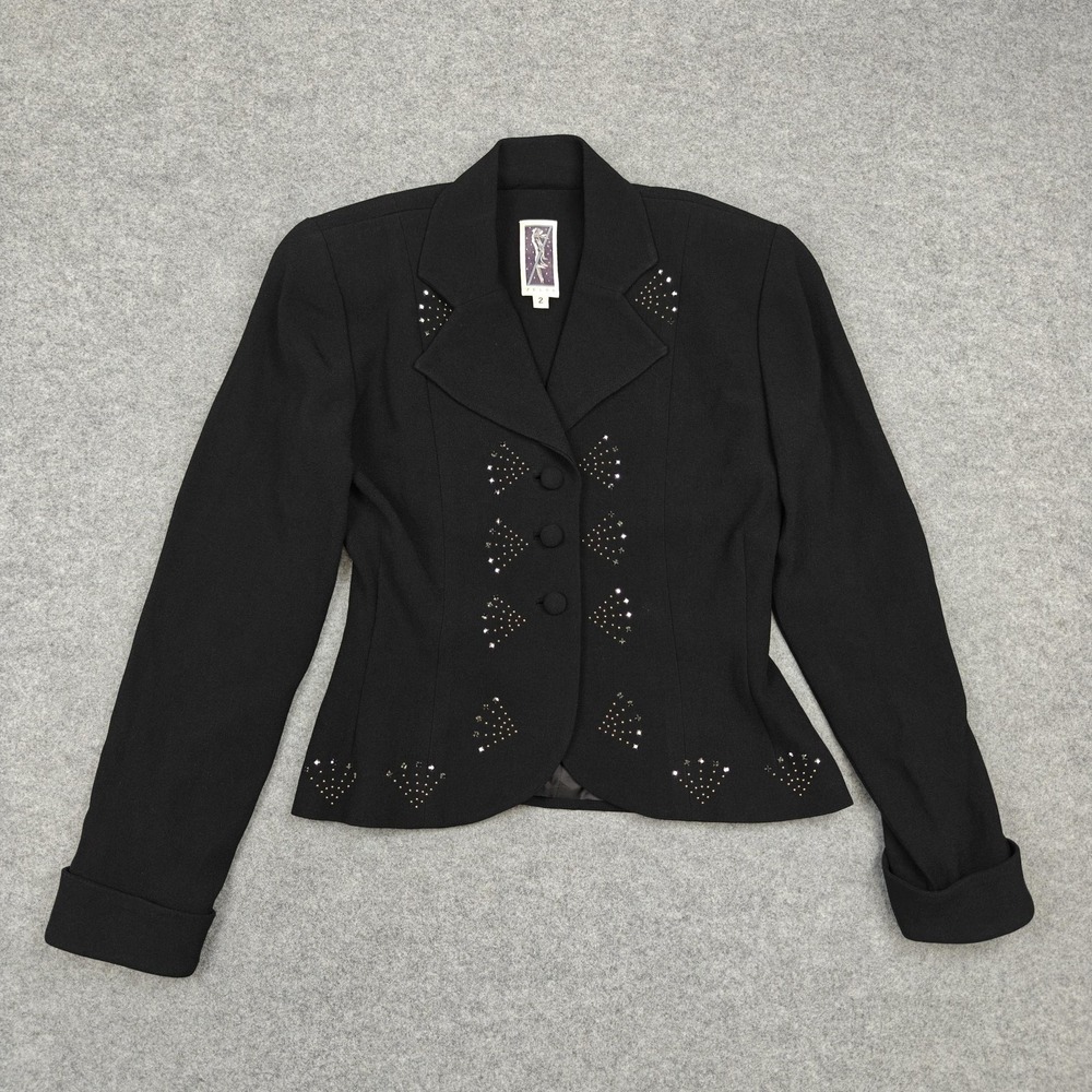 Zelda Blazer Womens 2 Black Acetate Rhinestone Single Breasted Lined Made USA
